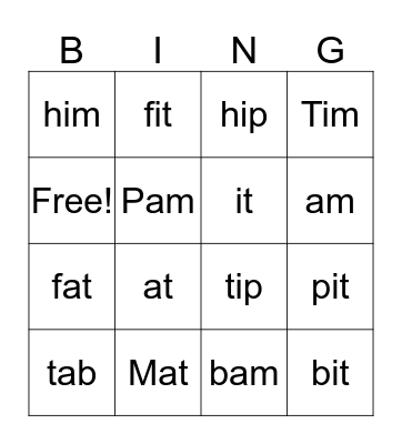 CVC A and  I Bingo Card