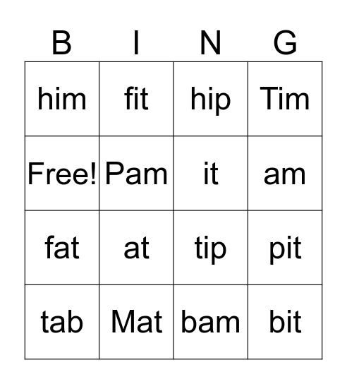 CVC A and  I Bingo Card