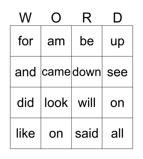 Sight Words Bingo Card