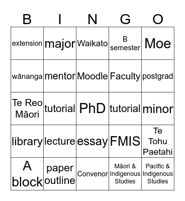 FMIS orientation Bingo Card
