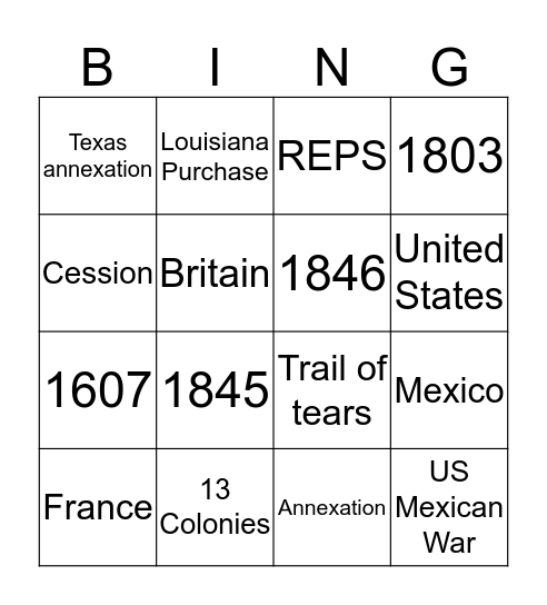 Manifest Destiny Bingo Card