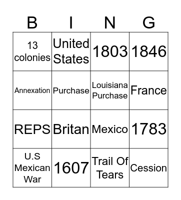 Manifest Destiny  Bingo Card