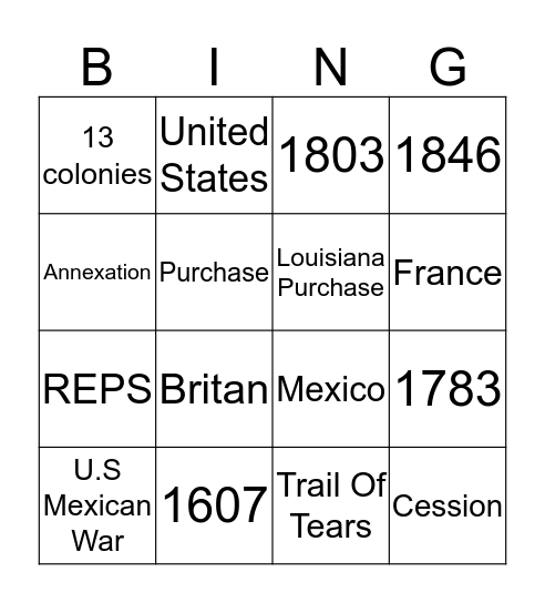 Manifest Destiny  Bingo Card