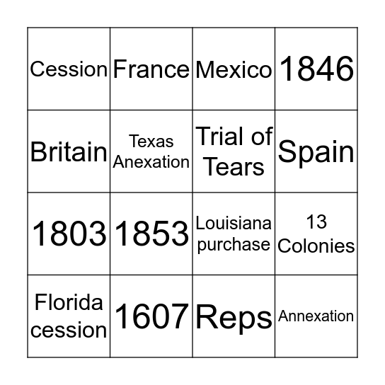 Manifest destiny  Bingo Card