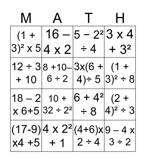 Order of Operations Bingo Card