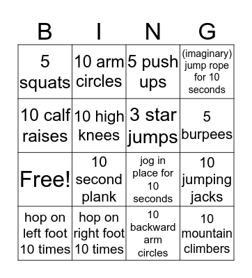 Fitness Bingo Card