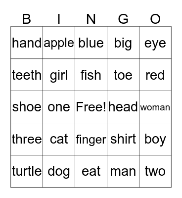 English Bingo Card