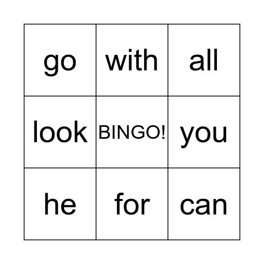 Sight Word Bingo  Bingo Card