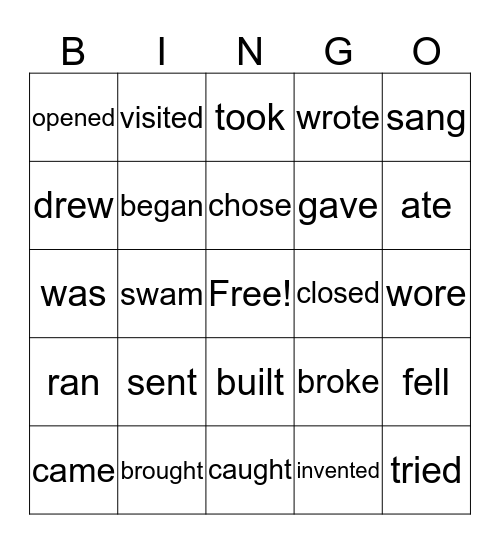 Past Tense Irregular Bingo Card