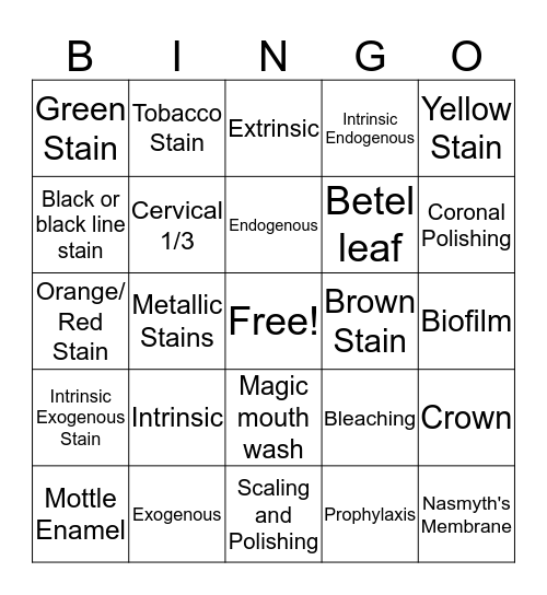 Stains Bingo Card