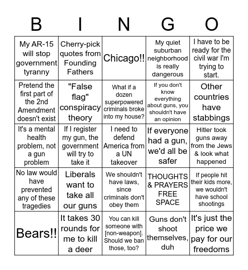 Bullshit Bingo - Gun Lover Edition Bingo Card