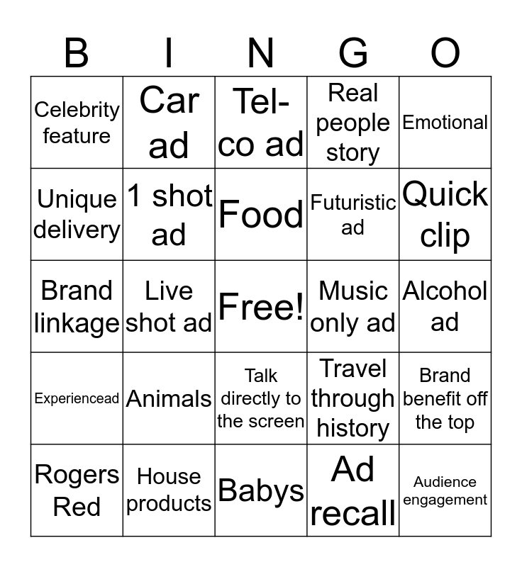 SuperBowl Ad Analysis Bingo Card