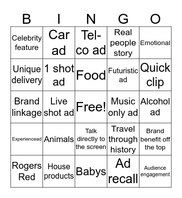 SuperBowl Ad Analysis Bingo Card