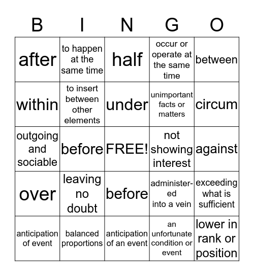 Word Within the Word Bingo Card