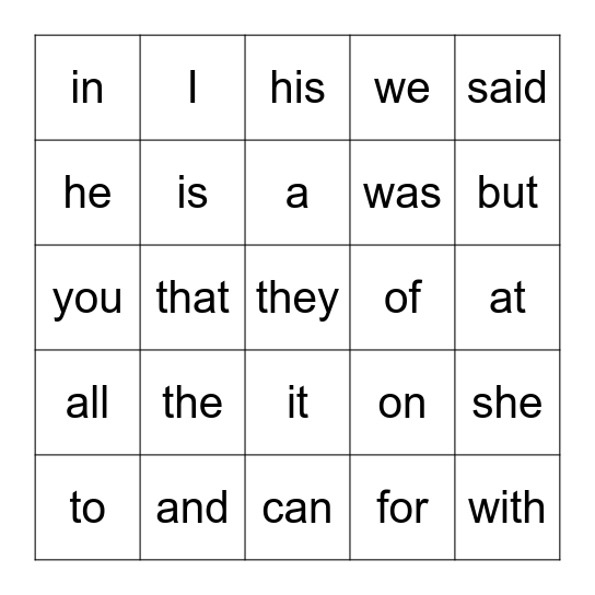 Heart Words 1-25 Bingo Card