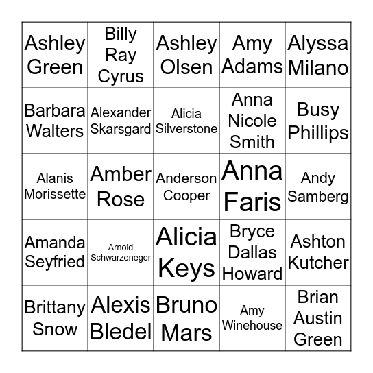 Celebrities Starting with A & B Bingo Card