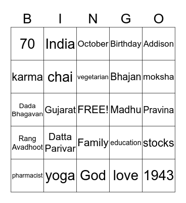 Madhu's Birthday Bingo Card