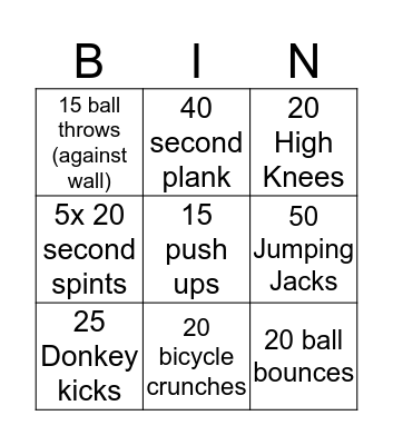 Mazer family Fitness BINGO Card