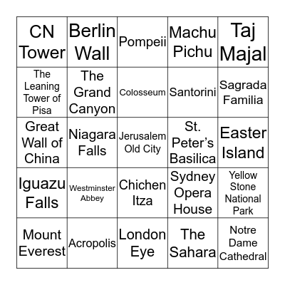 Global Attractions Bingo Card
