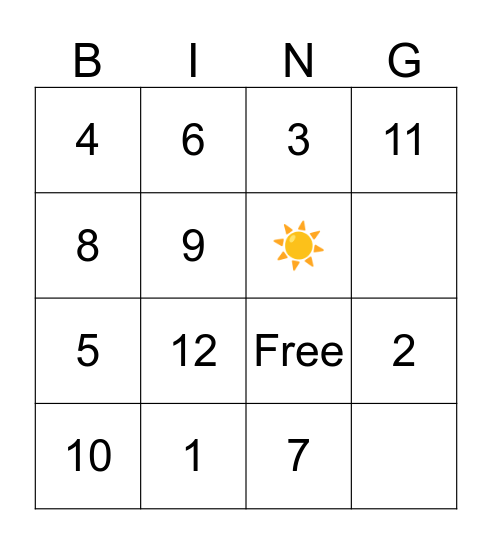 Number Game Bingo Card