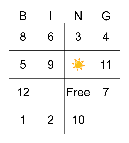 Number Game Bingo Card