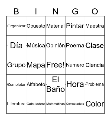 Spanish-English Cognates Bingo Card