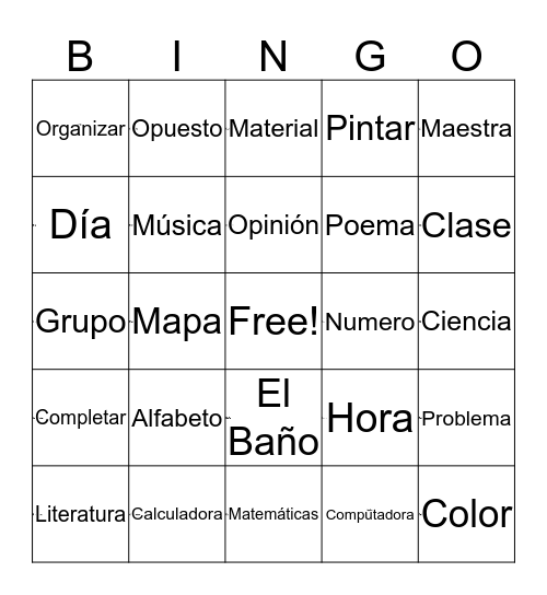 Spanish-English Cognates Bingo Card