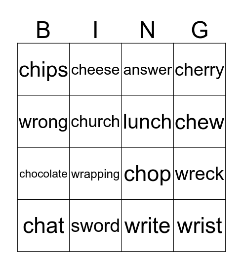 CH and Silent W Bingo Card