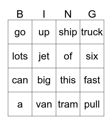 Speed Words Bingo Card