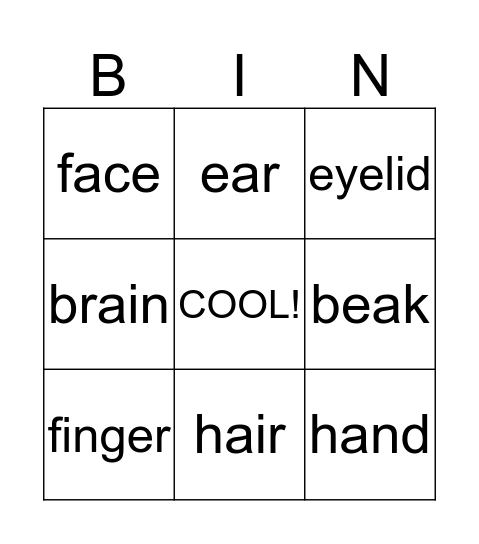 Parts of the body Bingo Card