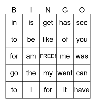 Sight Words Bingo Card