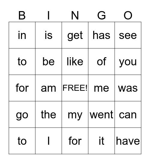 Sight Words Bingo Card
