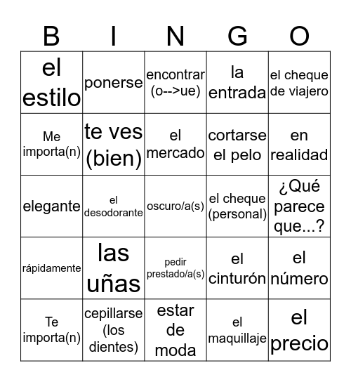 Spanish 2 - Unit 2 Bingo Card