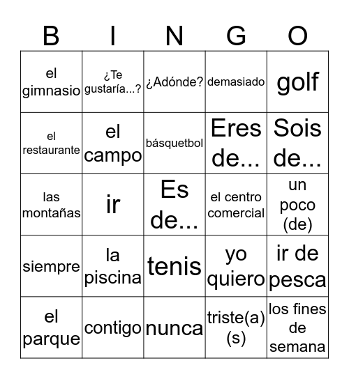 Spanish 1 - Unit 4 Bingo Card