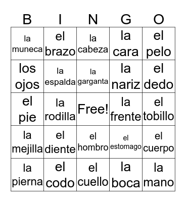 Espanol 2 - El Cuerpo Bingo Card