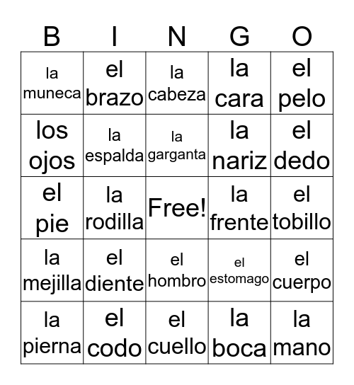Espanol 2 - El Cuerpo Bingo Card