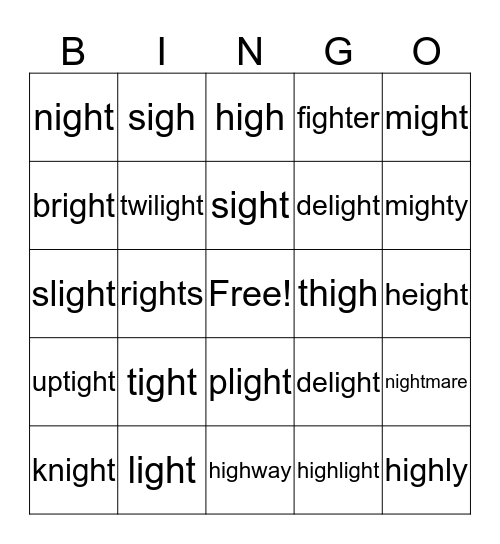 Words with "igh" says "i" Bingo Card