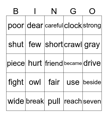 Second Grade PALS QC 3 - QC 4 Bingo Card