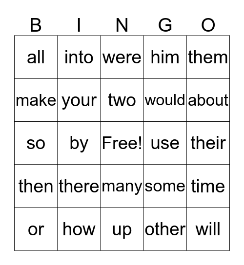 Sight Words Bingo Card