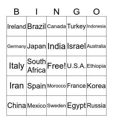 Country Names Bingo Card