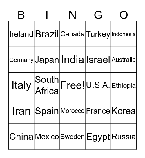 Country Names Bingo Card