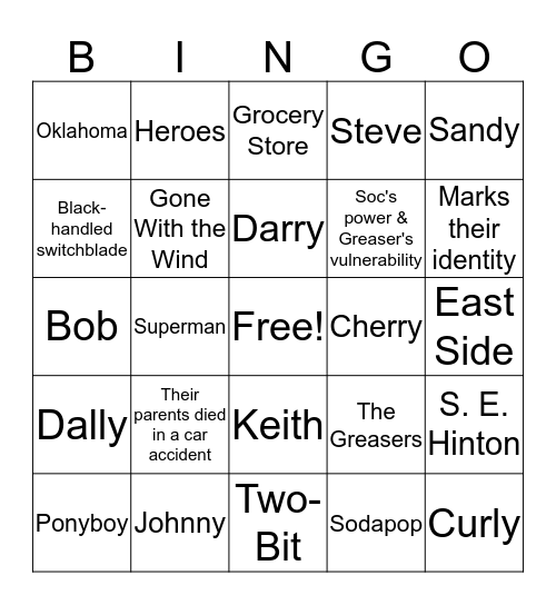 The Outsiders Bingo Card