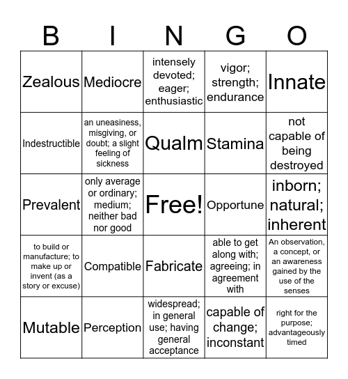 Vocab 5 Bingo Card