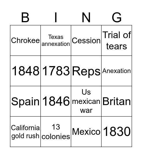 Manifest destiny  Bingo Card