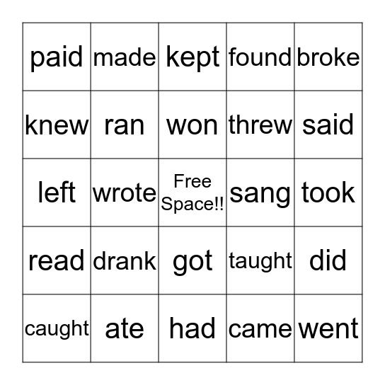 IRREGULAR VERBS Bingo Card