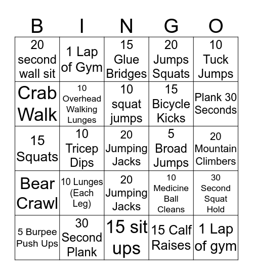 School Fitness Bingo Card