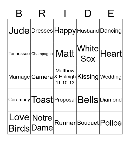 She's Tying the Knot Bingo Card