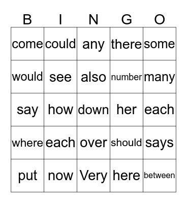 Sight Word  Bingo Card