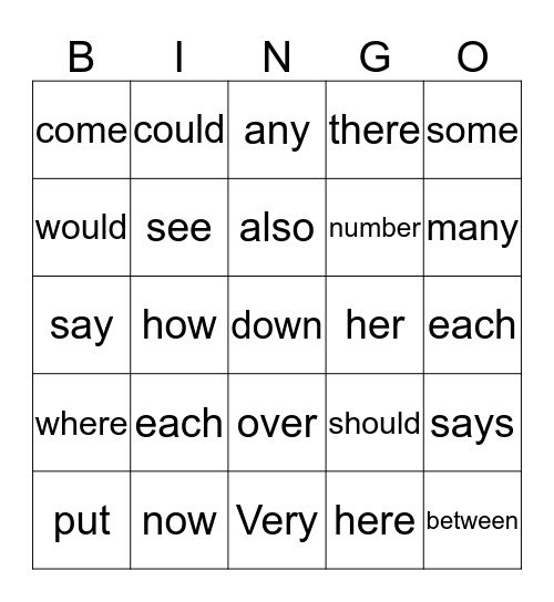 Sight Word  Bingo Card
