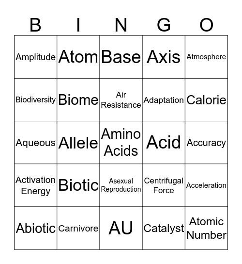 Science FCAT Vocabulary #1-25 Bingo Card
